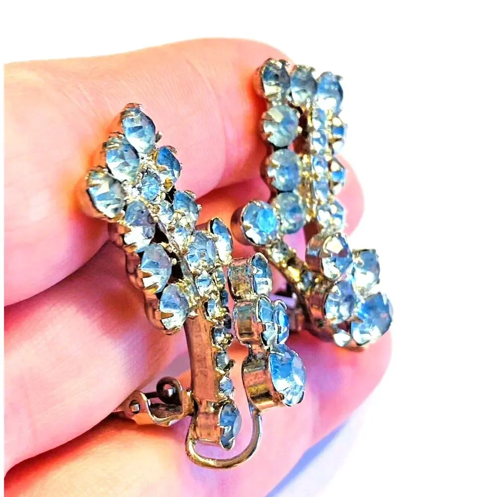 Vintage Clip On Earrings Silver & Light Blue Rhinestones Mid Century Jewelry